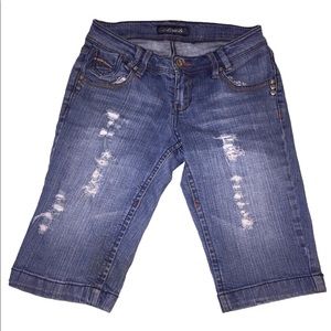 Clash distressed blue jean long shorts